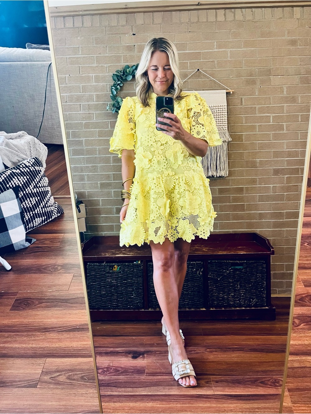 Bright Yellow Floral Crochet Mini Dress - Women's Short Dress